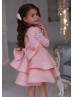 Peach Lace Satin Pearl Embellished Tiered Flower Girl Dress